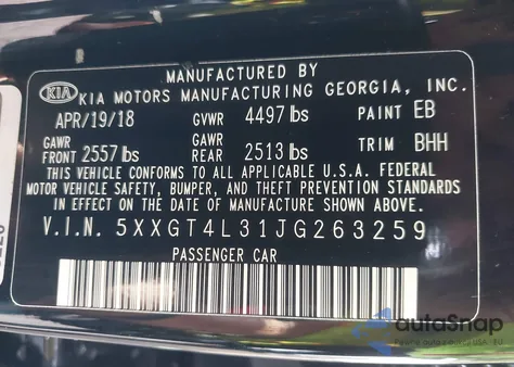 2018 Kia Optima Lx из США, поврежденный, VIN 5XXGT4L31JG263259